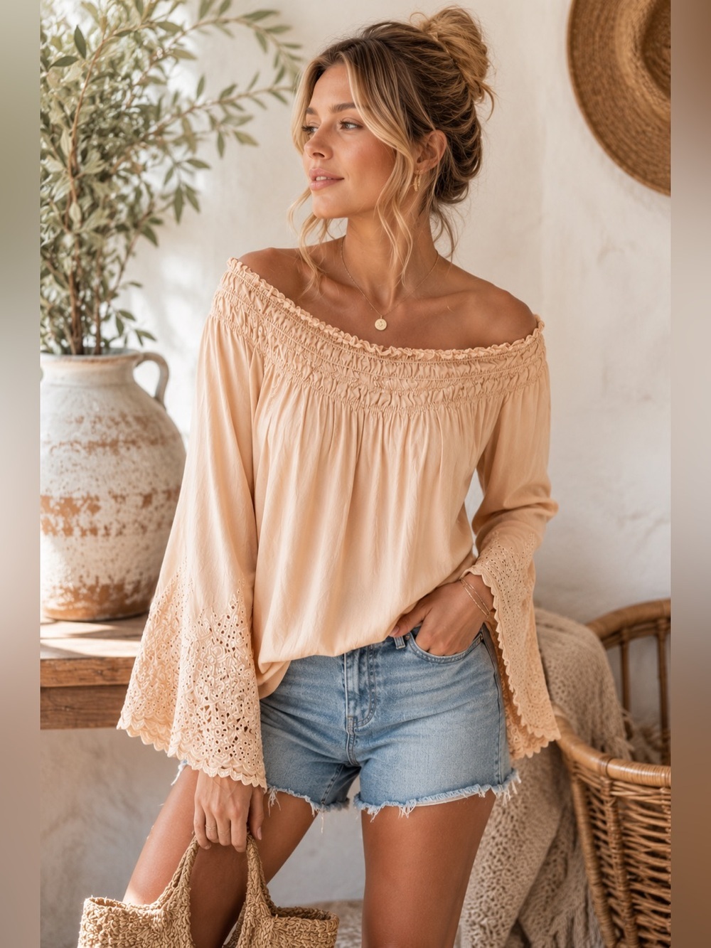 LoveStitch Boho Peasant Blouse Embroidered Bell Sleeve Top Medium